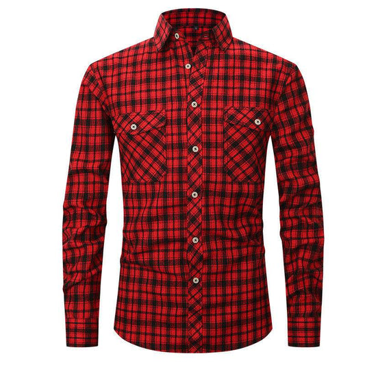Men's Long Sleeve Double Pocket Flannel Shirt With Brushed Plaid - Mubimart