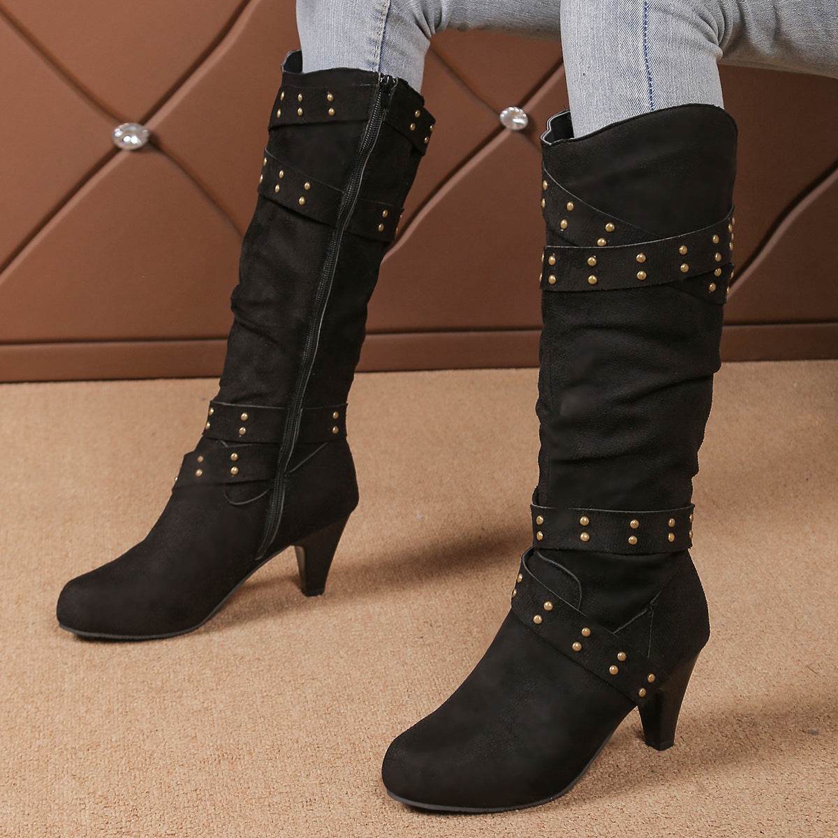 Fashion High Heel Boots With Cross-strap Rivet Design Retro V-cut Western Cowboy Boot Casual Zipper Shoes For Women - Mubimart