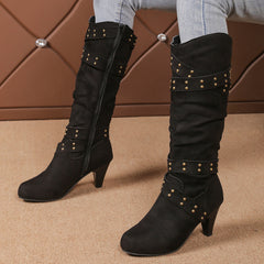 Fashion High Heel Boots With Cross-strap Rivet Design Retro V-cut Western Cowboy Boot Casual Zipper Shoes For Women