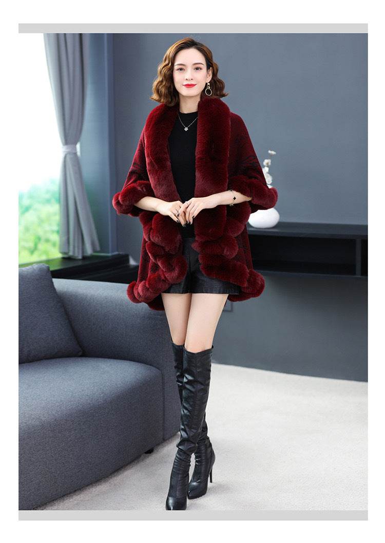 Imitation Rex Rabbit Fur Collar Shawl Cape Women's Plus Size - Mubimart