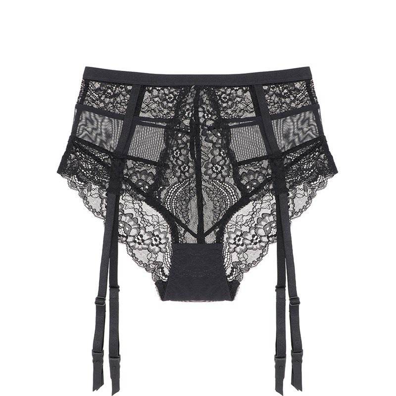 High Waist Panties Sheer Lace Suspenders - Mubimart