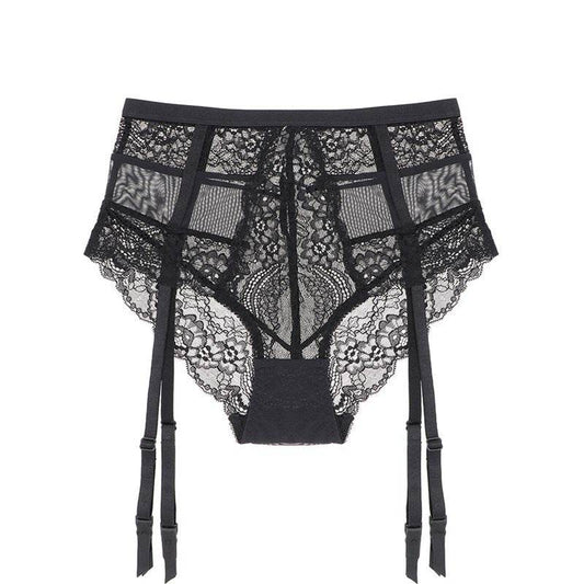 High Waist Panties Sheer Lace Suspenders - Mubimart