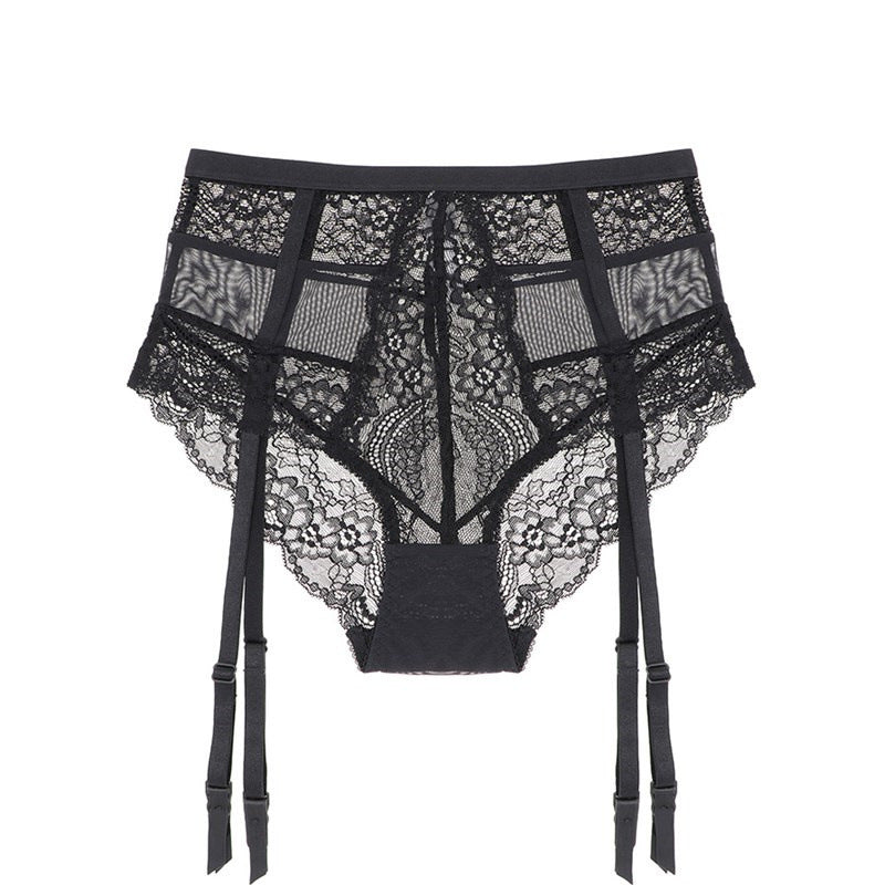 High Waist Panties Sheer Lace Suspenders - Mubimart -  