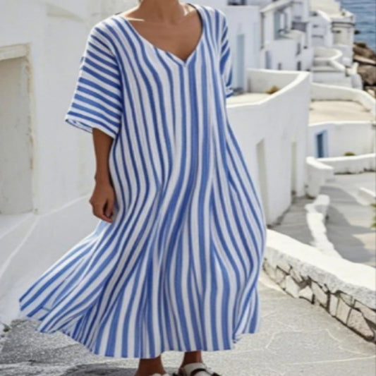 Fashionable Womens Striped-Neck Short-Sleeve Loose Plus-Size Dress