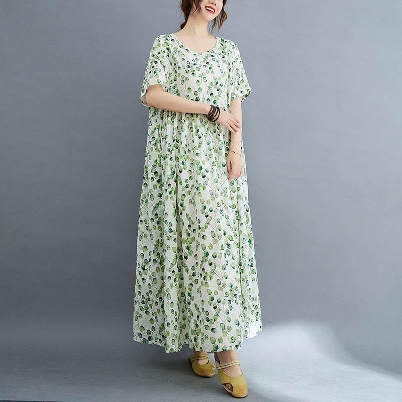 Artistic Large Size Fat Plus-sized Plus-sized Printed Short Sleeve Dress For Women - Mubimart