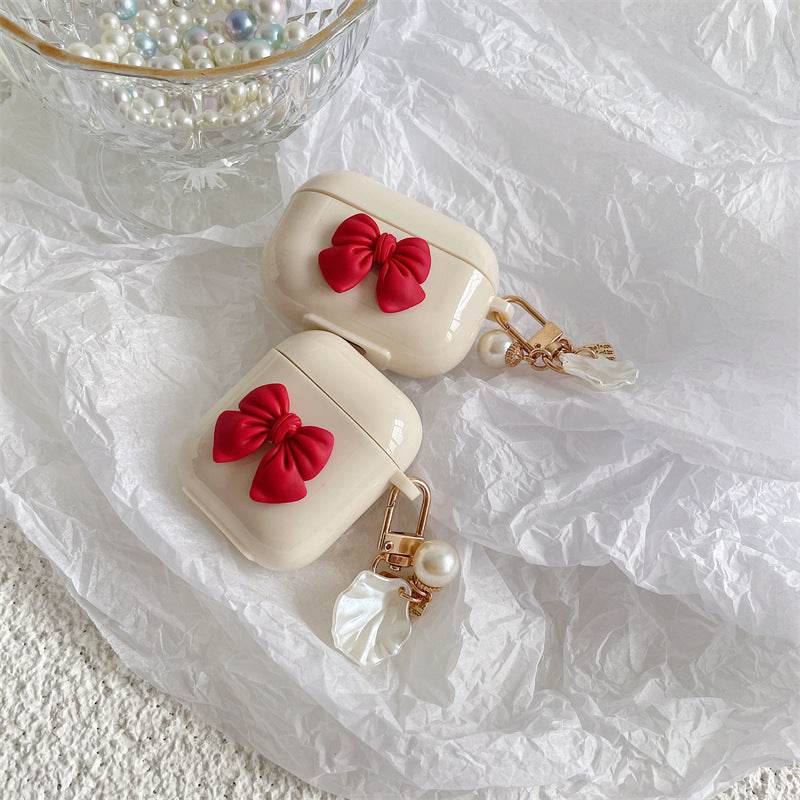 Beige Red Bow Shell Pendant Wireless Earphone Case - Mubimart