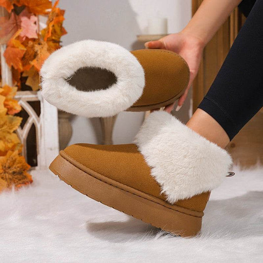 Winter Plush Snow Boots Fashion Round Toe Flat Thickened Suede Cotton Shoes For Women Casual Warm Short Boot - Mubimart