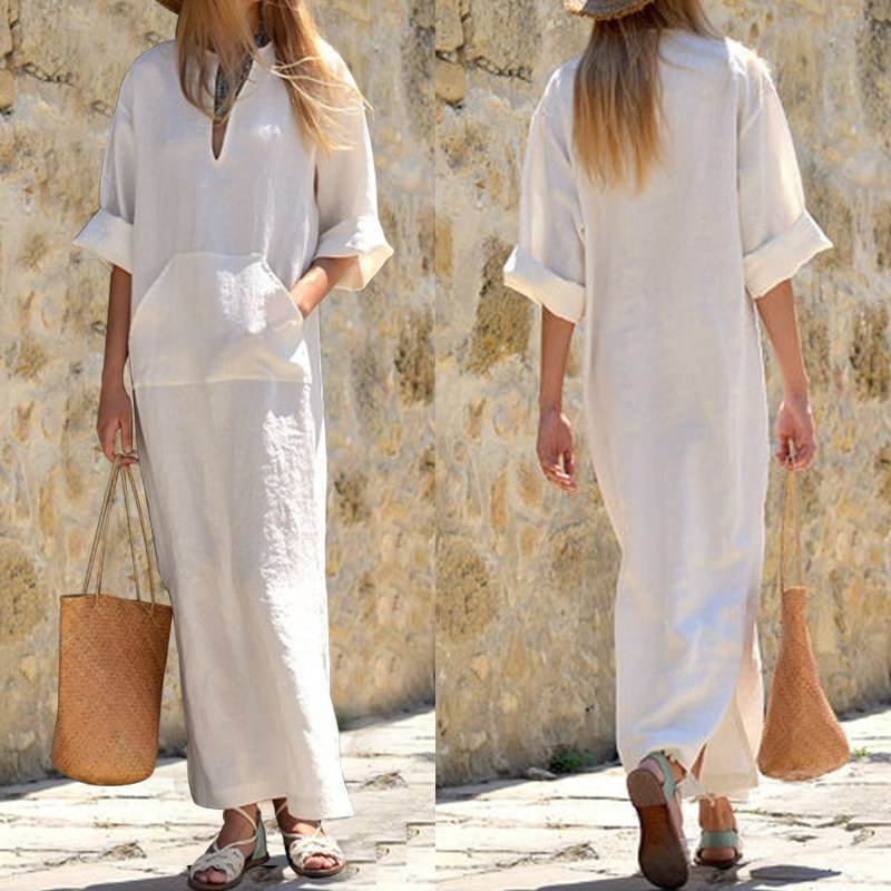 European And American Loose V-neck Plus Size Half Sleeve Split Maxi Dress - Mubimart