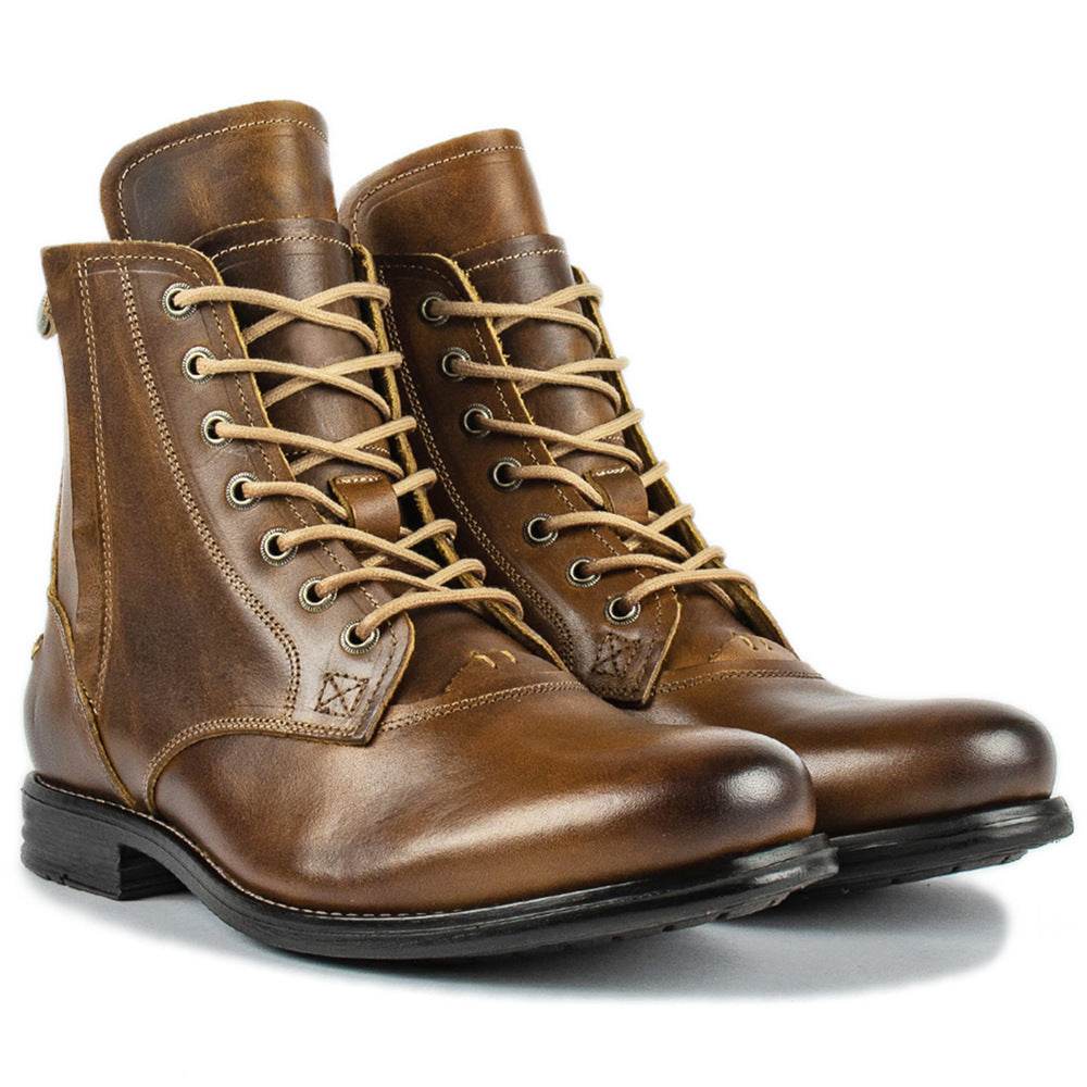 Men Cowboy Boots Retro Lace-up Martin Boot Round Toe Low Heel Shoes - Mubimart