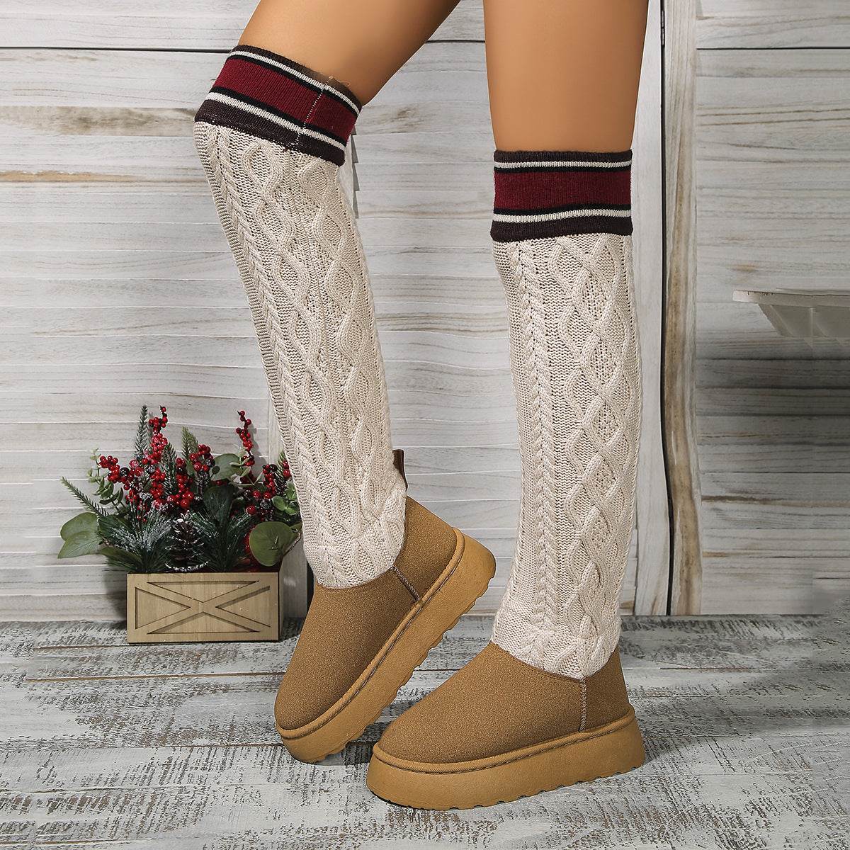 Winter Over-the-knee Boots With Long Knitted Sock Design Fashion Flat Thick-soled Shoes For Women Casual Warm Long Boot - Mubimart
