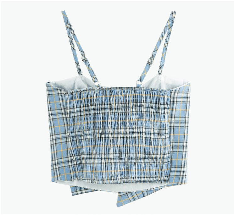 Summer Women's Camisole Ribbon Plaid Top - Mubimart -  