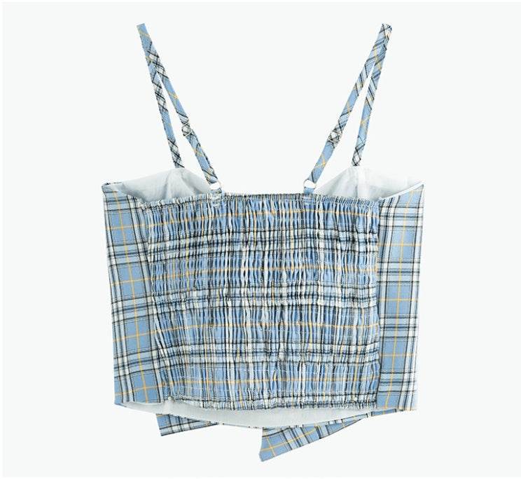 Summer Women's Camisole Ribbon Plaid Top - Mubimart