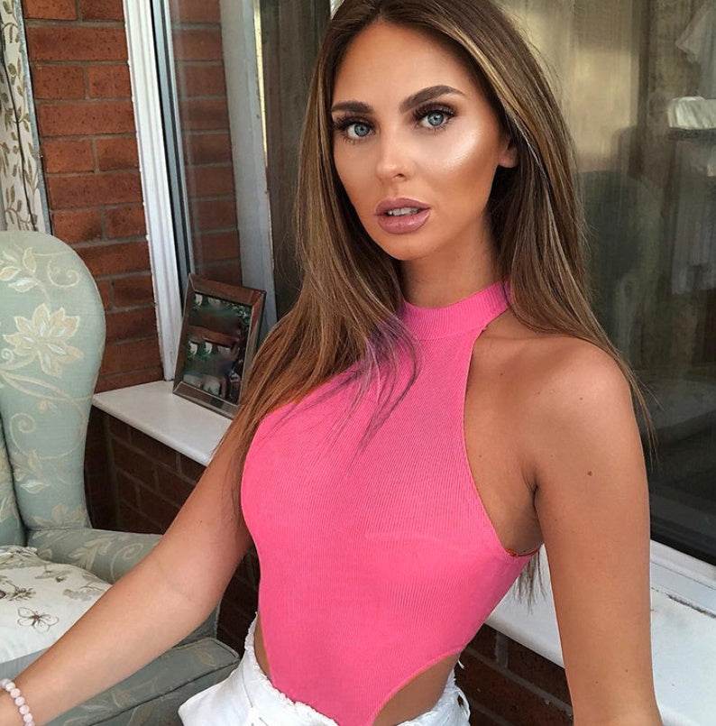 Women Halter Bodysuits Neon Elastic Tank Jumpsuit Fashion - Mubimart