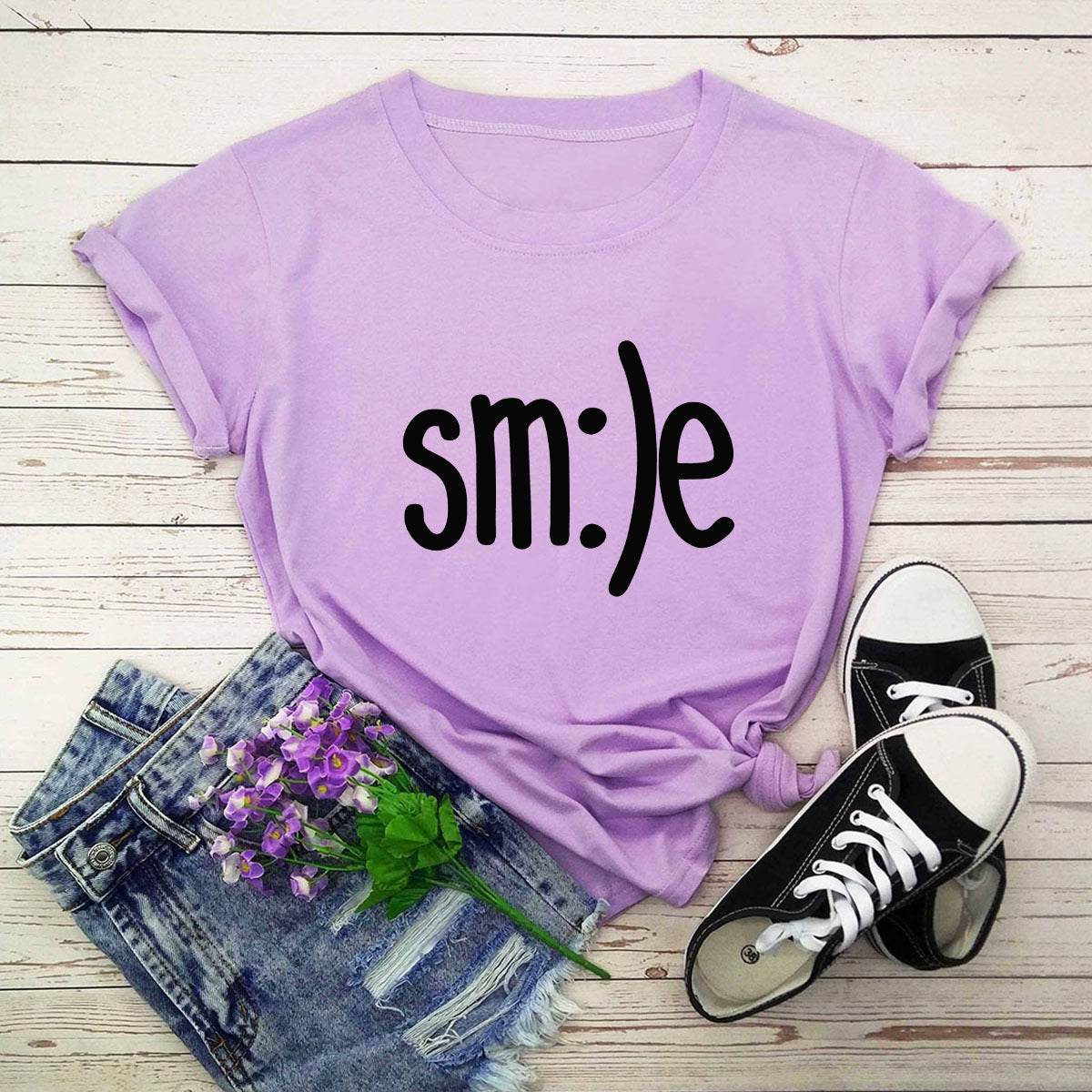 S-5XL Plus Size TShirt Women New Smile Letter Printed Shirt O Neck Short Sleeve Tees Summer Top 100%cotton Women's T-shirts - Mubimart