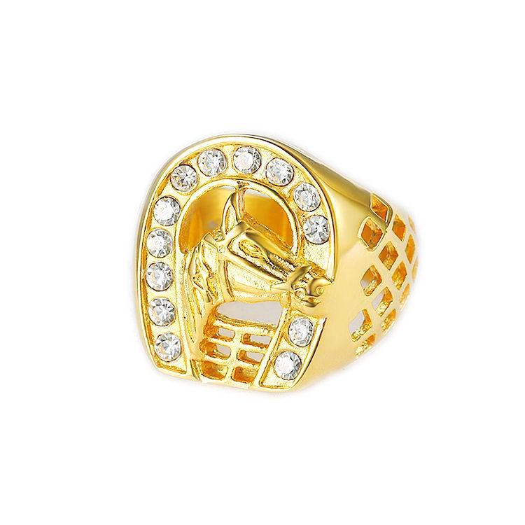 Titanium Steel Gold Plated Diamond Horse Head Ring For Men