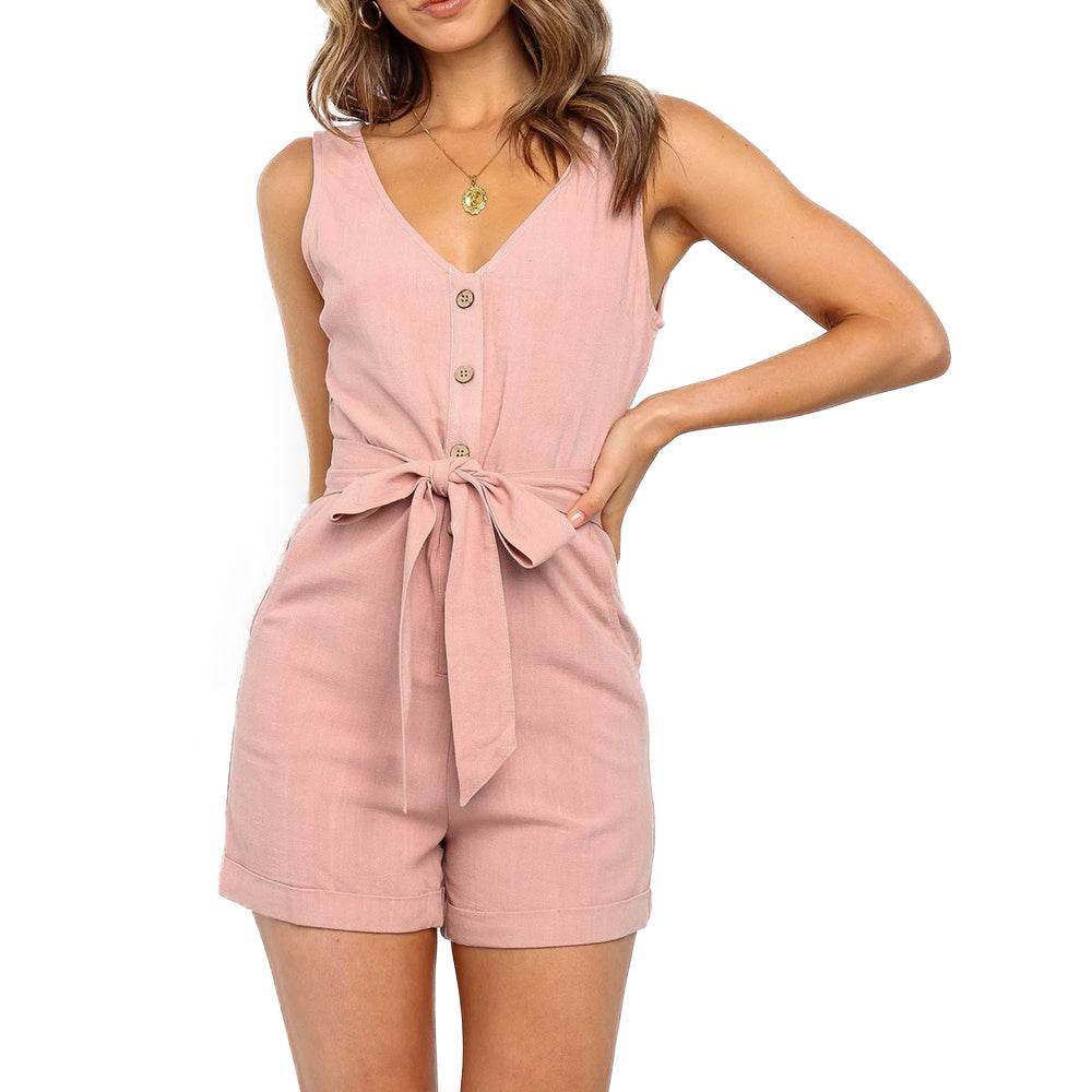 Women Playsuit Summer V Neck Sleeveless Button Belt Bow Casual Jumpsuit Solid Romper Elegant Tunic Short Overalls - Mubimart