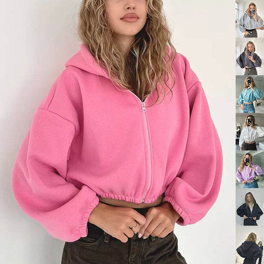 Casual Solid Color Hooded Short Jacket Y2K Fashion Sports Sweatshirt Long Sleeve Zipper Cardigan Hoodies Women's Clothing - Mubimart