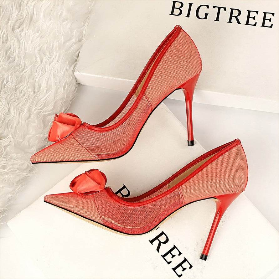 Women's Cutout Satin Rose Flower Pumps - Mubimart