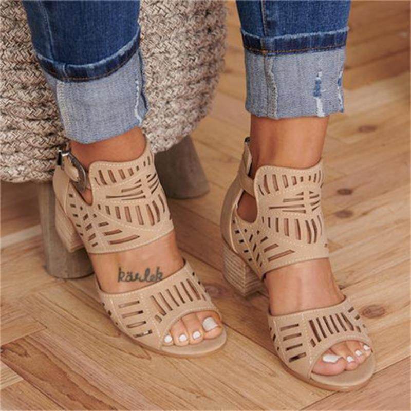 Cutout carved block heel sandals - Mubimart