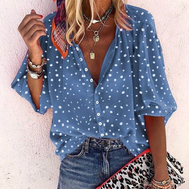 Printed Long Sleeve V-neck Button Ladies Blouse Women - Mubimart