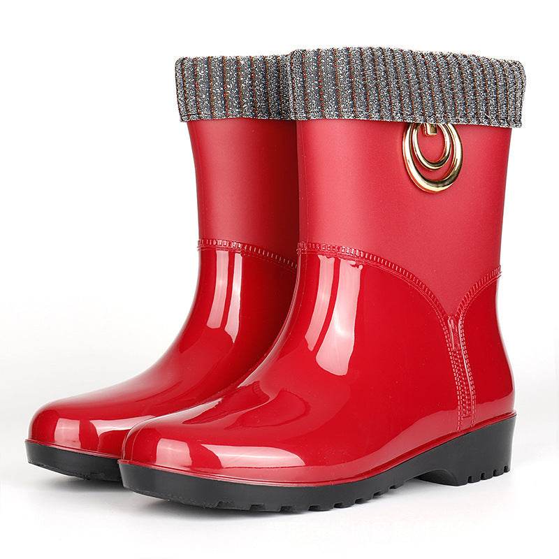 Rain boots women's drum plus cotton rain boots - Mubimart