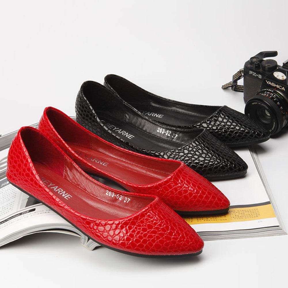 Patent Leather Feel Embossed Snake Print Flats - Mubimart