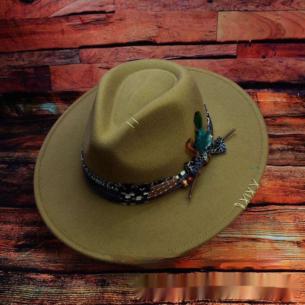 Western Original Design Manual Sewing Needle Woolen Felt Hat High-end And Fashionable Feather Model Fedora Hat - Mubimart