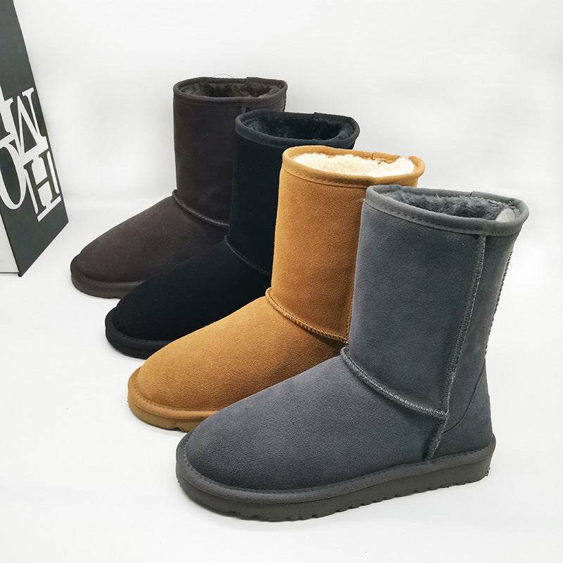 Women's Cowhide Genuine Leather Mid-calf Length Snow Boots - Mubimart