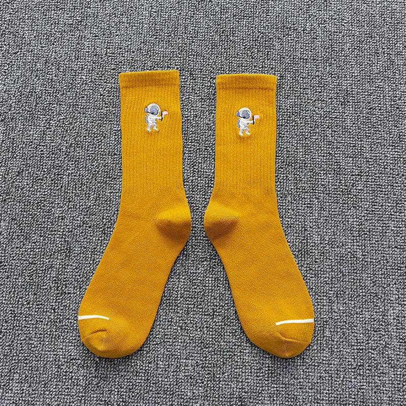 Embroidered cotton socks astronaut all-match socks sports socks - Mubimart