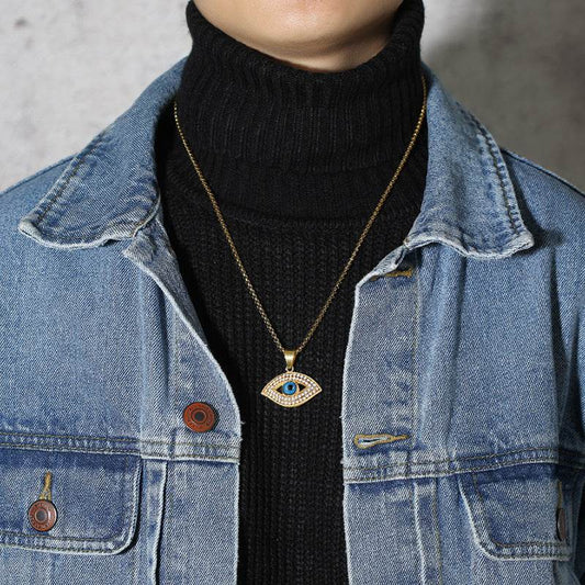 Mens Fashion Stainless Steel Rhinestone Evil Eye Pendant Necklace - Mubimart