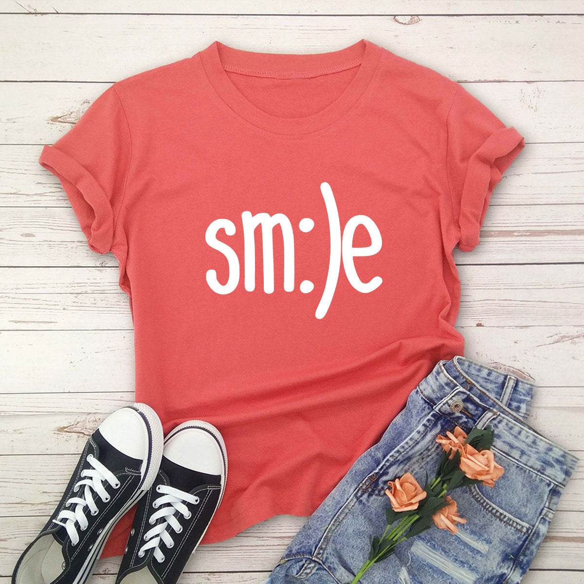 S-5XL Plus Size TShirt Women New Smile Letter Printed Shirt O Neck Short Sleeve Tees Summer Top 100%cotton Women's T-shirts - Mubimart
