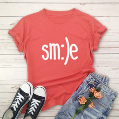 S-5XL Plus Size TShirt Women New Smile Letter Printed Shirt O Neck Short Sleeve Tees Summer Top 100%cotton Women's T-shirts - Mubimart - Plus Size Tshirts 