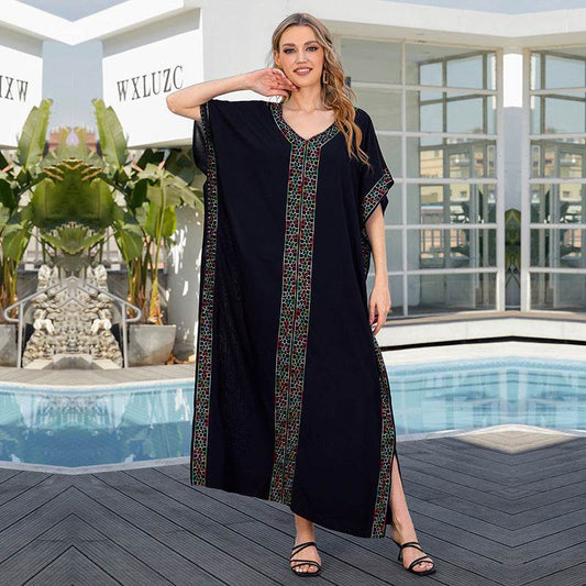 Rayon Embroidered Holiday Loose Plus Size Robe Dress - Mubimart