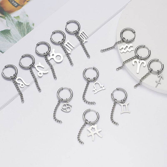 Hip Hop Zodiac Sign Link Chain Tassel Dangle Earrings For Men Women Constellation Jewelry - Mubimart