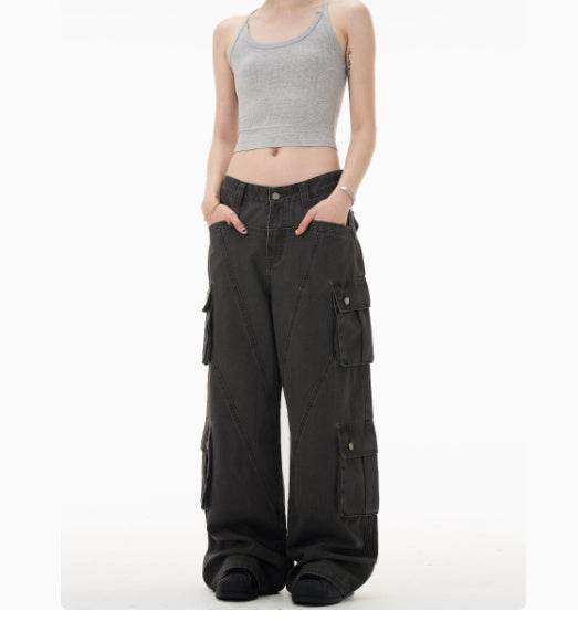 Retro Deconstruction Cargo Jeans Men And Women Loose Casual - Mubimart