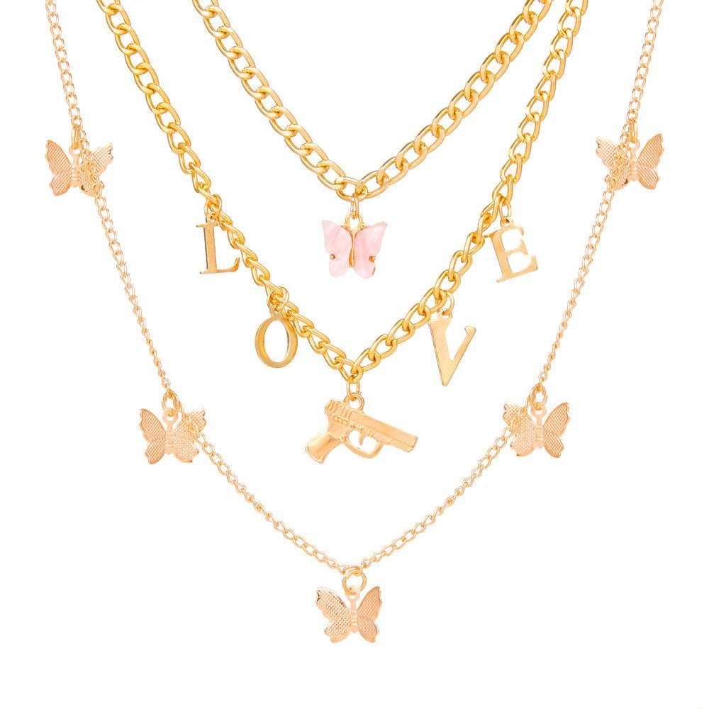 Chain Butterfly Necklace Women Multilayer Pendant Necklace Set Women - Mubimart