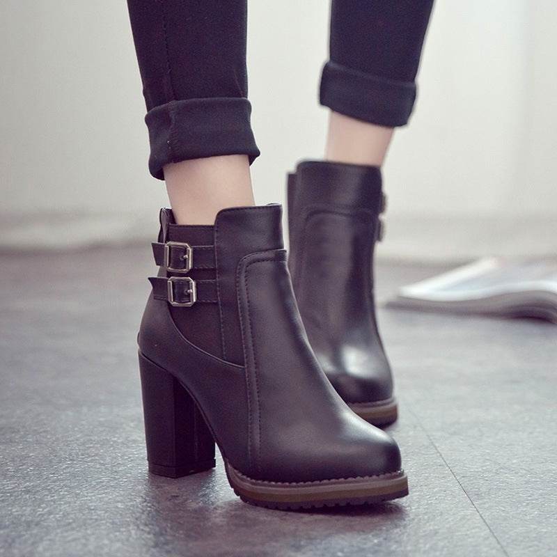 British retro thick with belt buckle boots high heel elastic women's booties - Mubimart