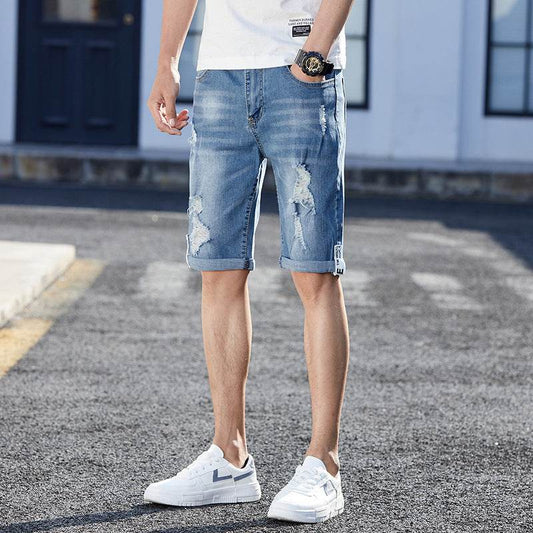 Men's Loose Hole Denim Shorts - Mubimart
