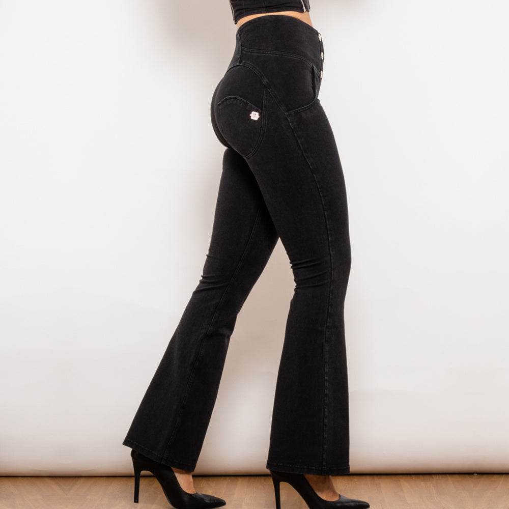 Shascullfites Melody Black Flared Lift Jeggings Button Up Flare Jeans Shaping Bum Lift Pants High Waist Jeans Women - Mubimart