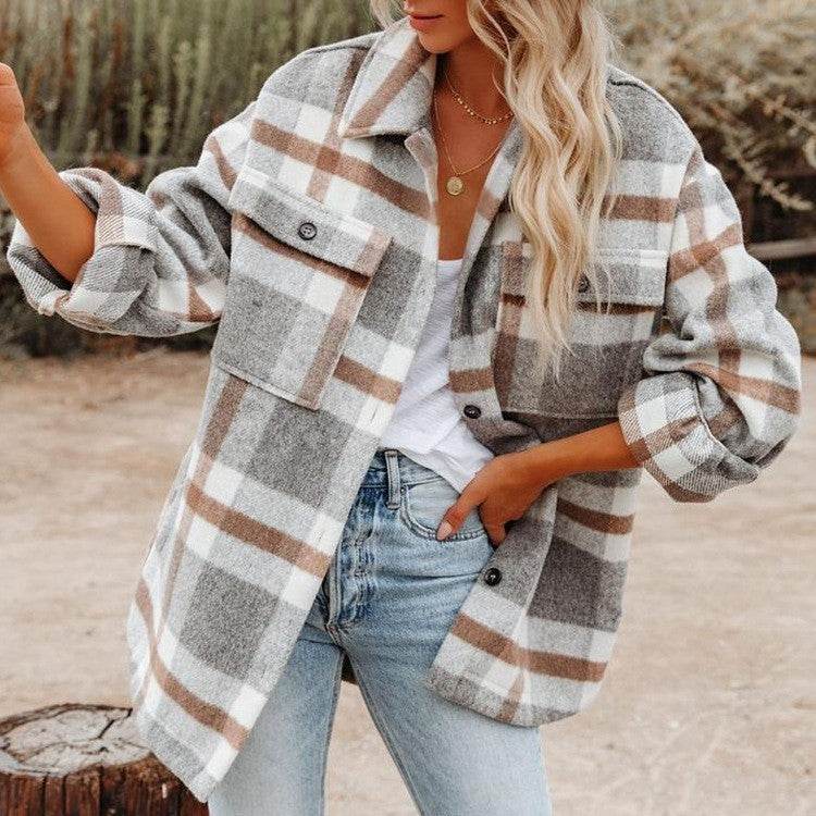 Plaid Button Flannel Woolen Shirt - Mubimart