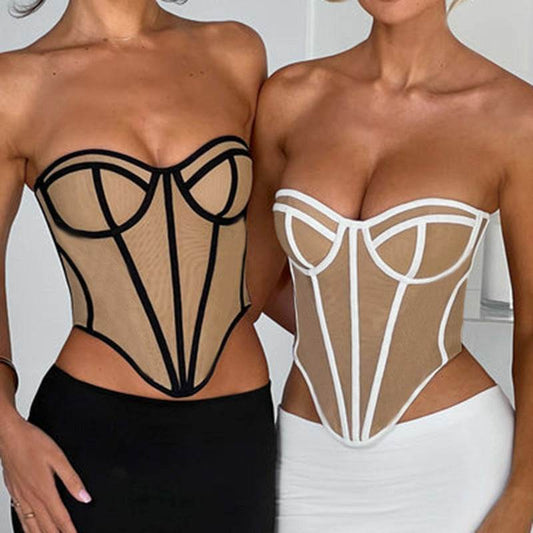 Tube Top Backless Design Lines Contrast Color Corset Top For Women - Mubimart