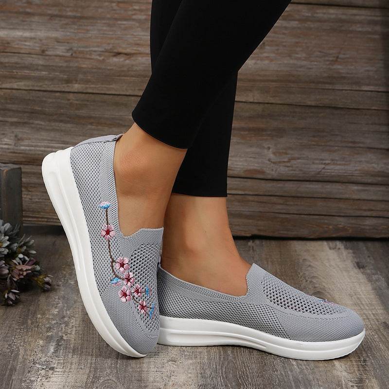 Loafers Women Flowers Embroidery Shoes Breathable Mesh Flats - Mubimart