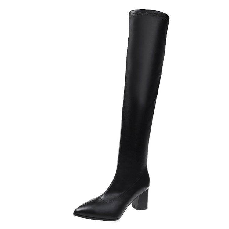 Over The Knee Boots Women's Pointed Toe Leather Boots - Mubimart