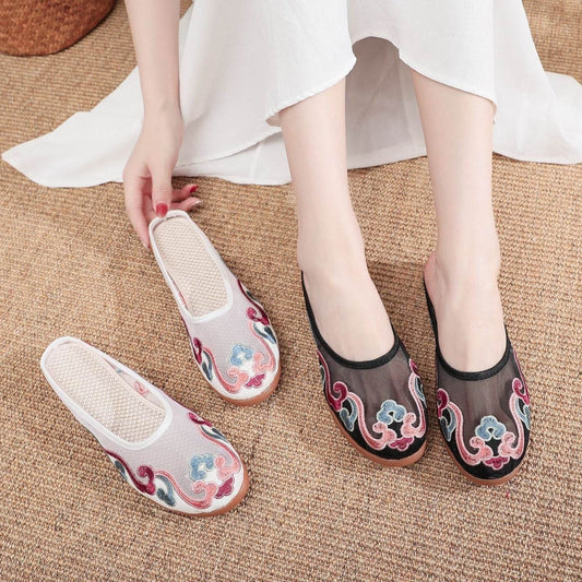 Slippers Mesh Embroidered Cotton Shoes Casual Women Outdoor Slippers - Mubimart