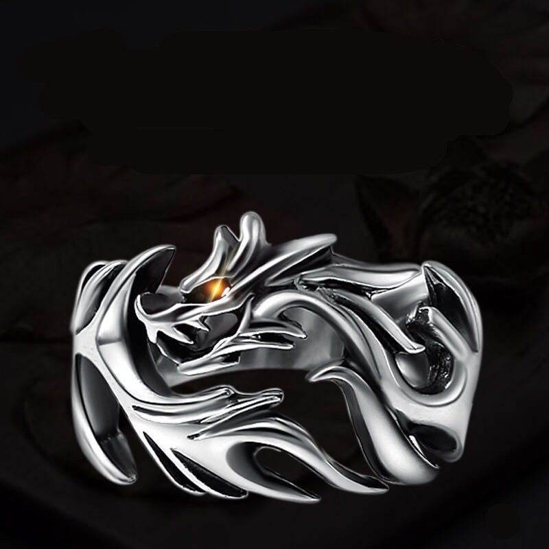 Flame Dragon Silver Ring Men - Mubimart
