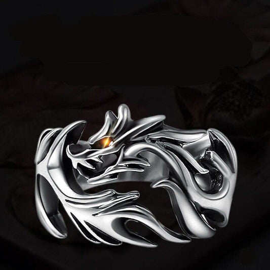 Flame Dragon Silver Ring Men - Mubimart