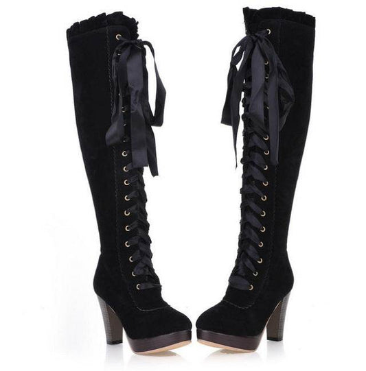 Velvet Strappy High Heels Tall Boots For Women - Mubimart