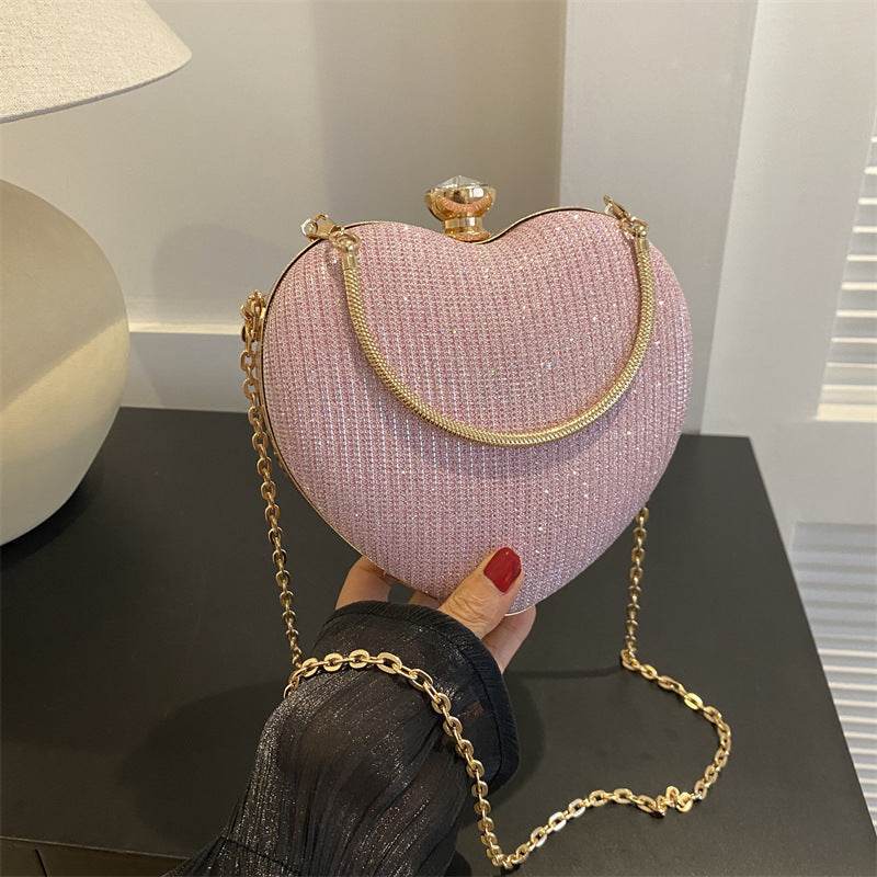 Evening Clutch Bag Women Bag Shiny Handbag Heart Shape Metal Clutches Bag Fashion Chain Shoulder Crossbody Bag Luxury Lady Purse Valentines Day Outfit - Mubimart