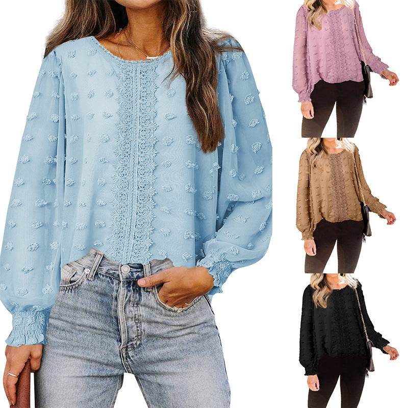 Chiffon Jacquard Lantern Long-sleeved Round Neck Blouse Women - Mubimart