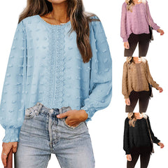 Chiffon Jacquard Lantern Long-sleeved Round Neck Blouse Women